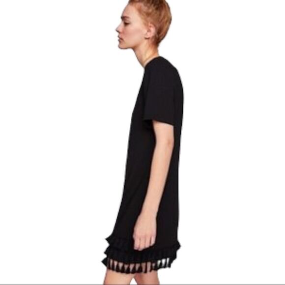Zara Black Tassel Hem Boho Short Sleeved Shift Mini Dress Size S - Picture 3 of 8